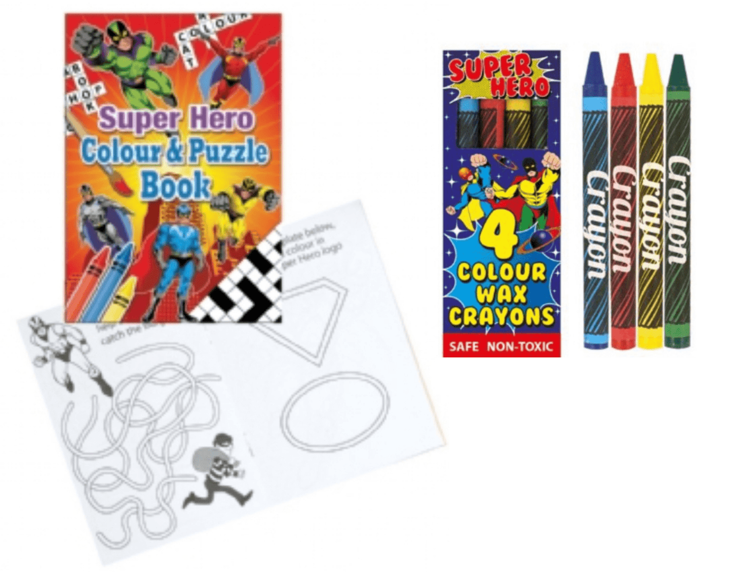 A6 Super Hero Colour & Puzzle Book & Wax Crayon