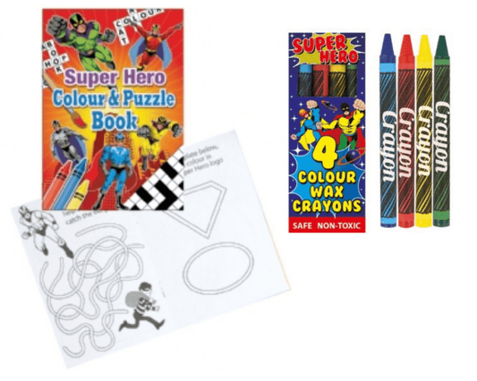 A6 Super Hero Colour & Puzzle Book & Wax Crayon