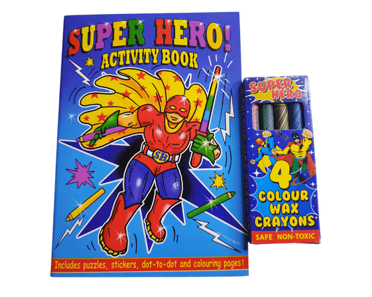 A6 Super Hero Colour & Puzzle Book & Wax Crayon